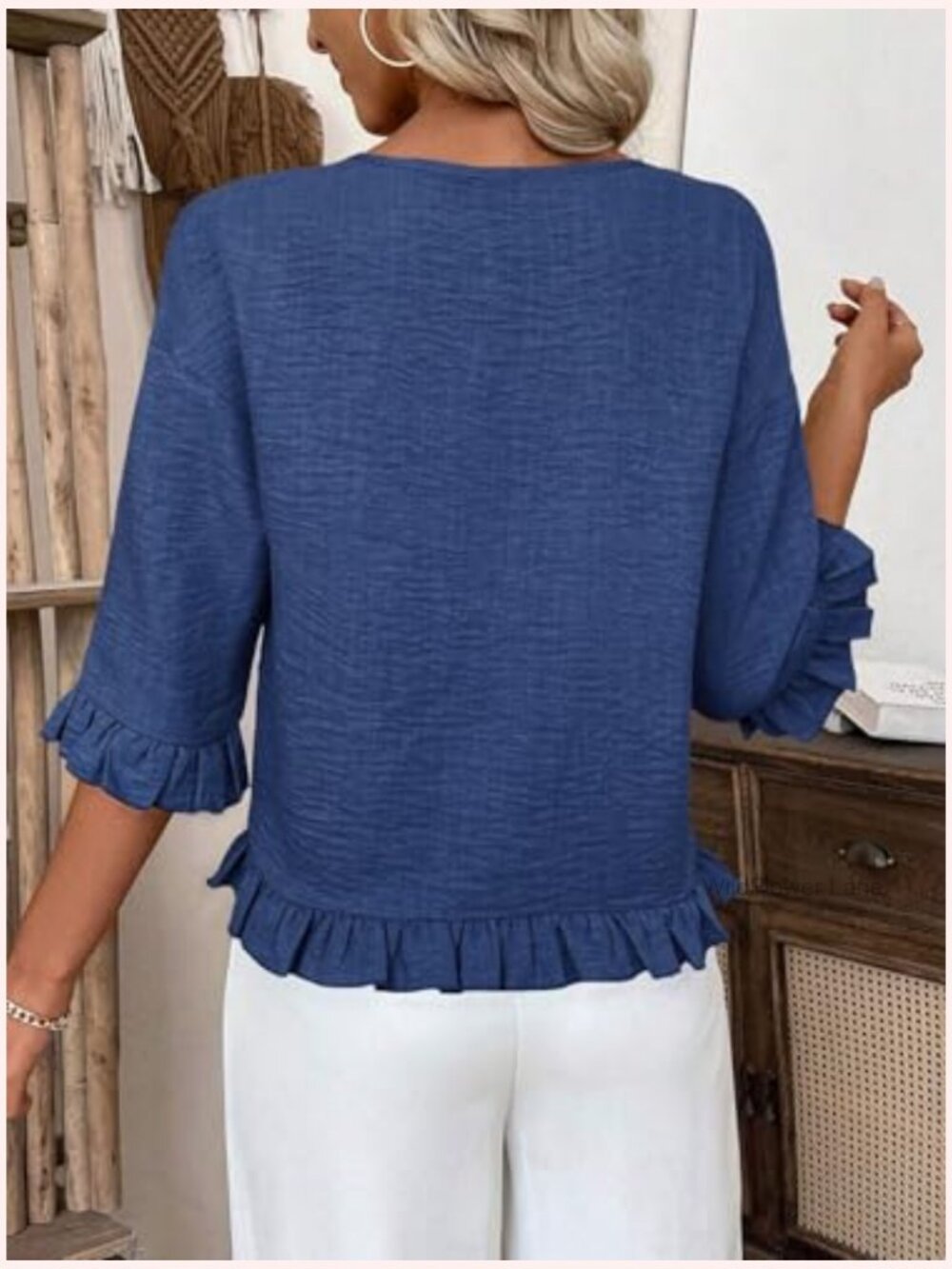 Ruffle 3/4 Sleeve Linen Blend Blouse Crew Neck Drop Shoulder Dressy Casual - Picture 2 of 5